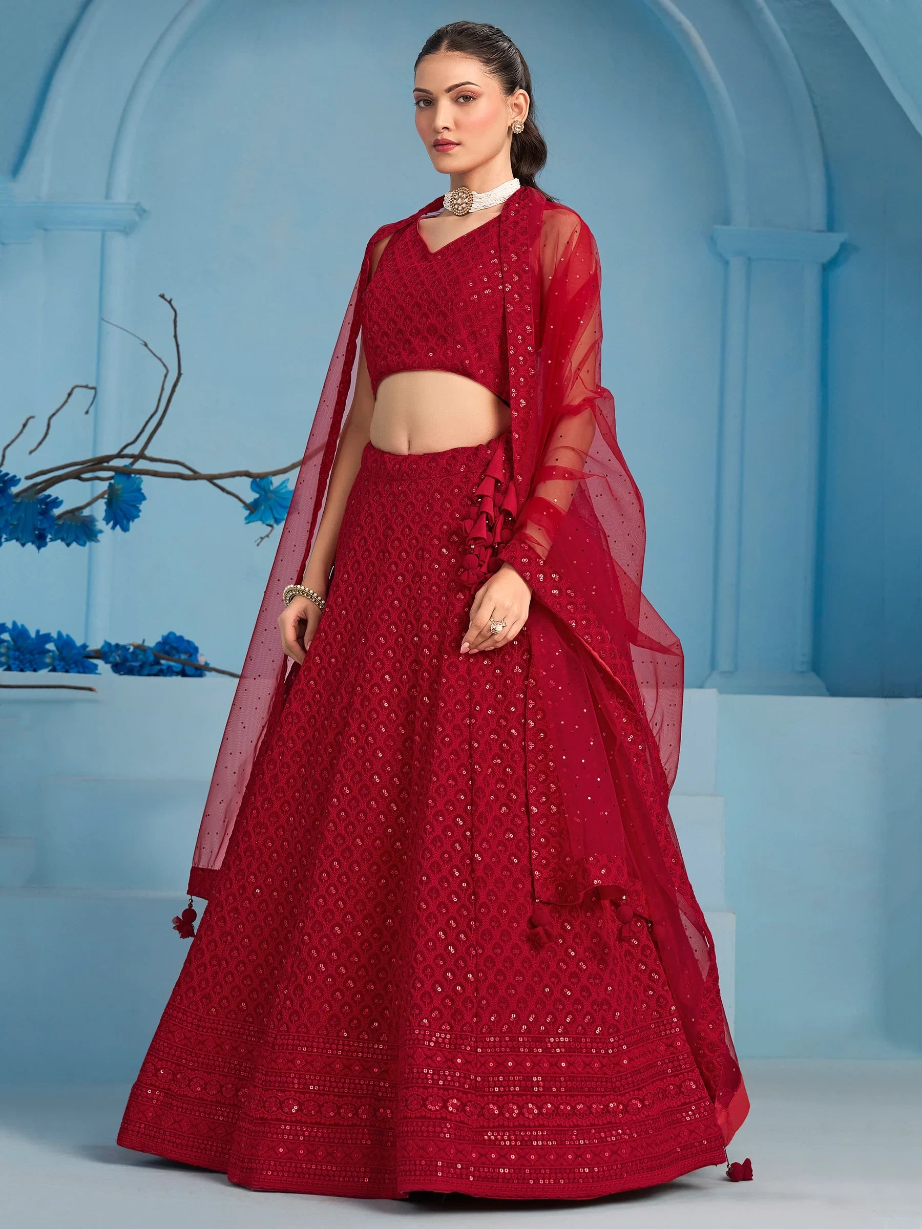 Glamorous Red Sequins Georgette Wedding Lehenga Choli With Dupatta - Zeel Clothing