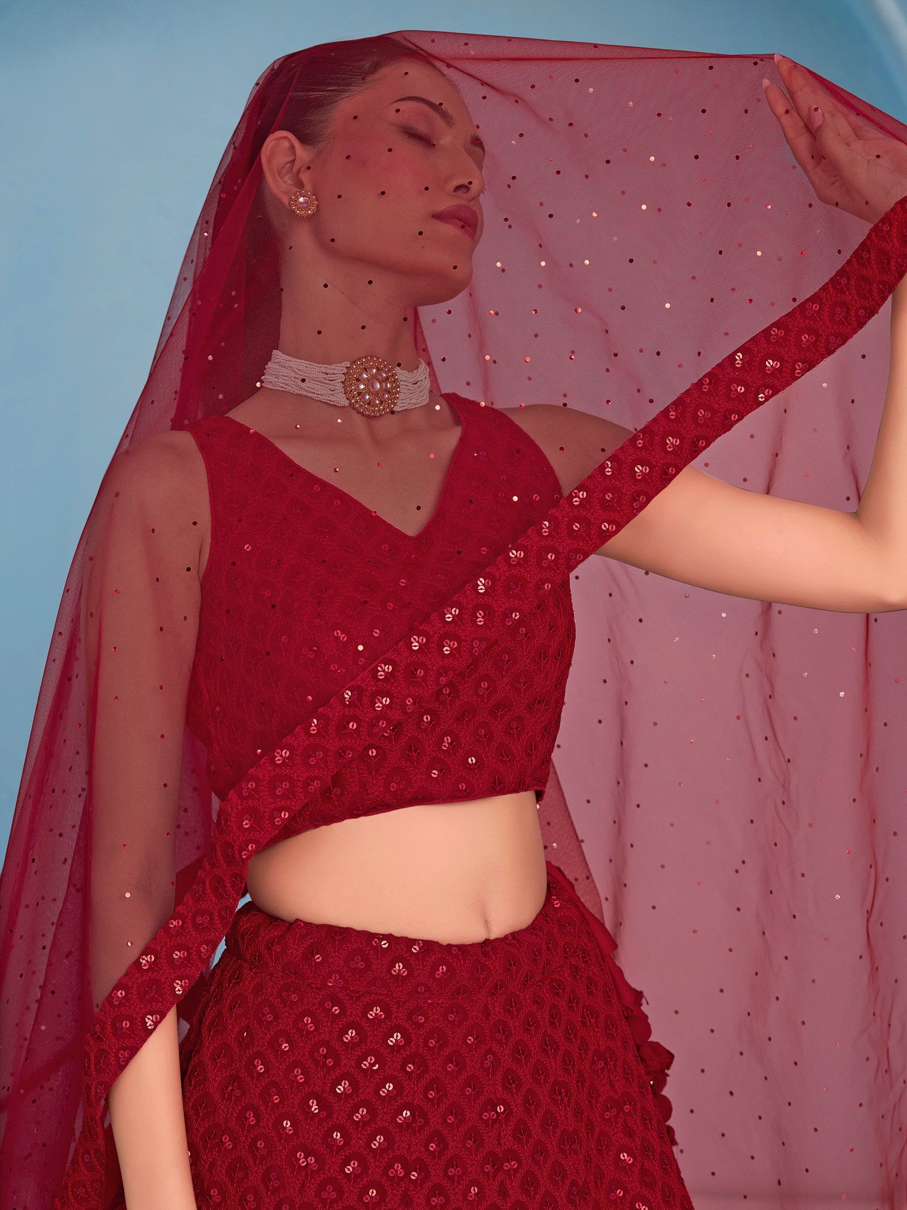 Glamorous Red Sequins Georgette Wedding Lehenga Choli With Dupatta - Zeel Clothing