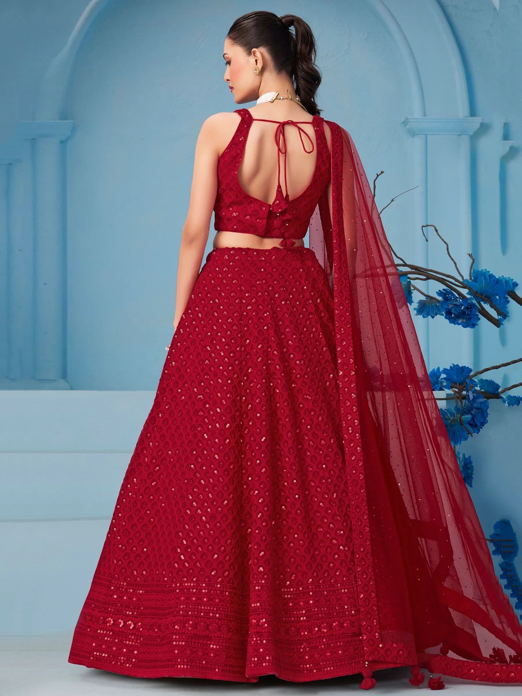 Glamorous Red Sequins Georgette Wedding Lehenga Choli With Dupatta - Zeel Clothing