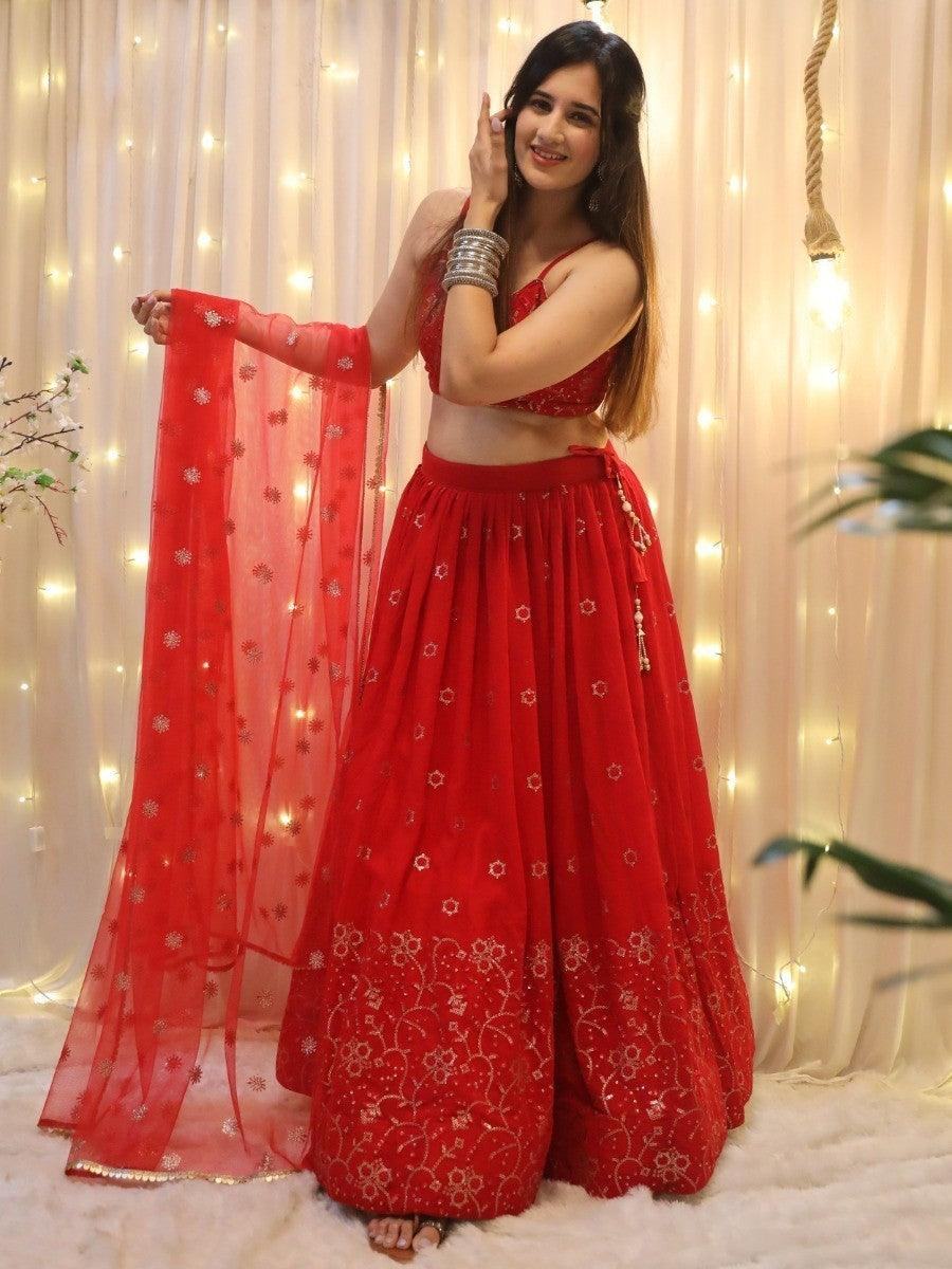 Glamorous Red Sequins Georgette Wedding Wear Lehenga Choli