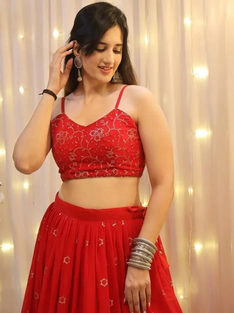 Glamorous Red Sequins Georgette Wedding Wear Lehenga Choli - Zeel Clothing
