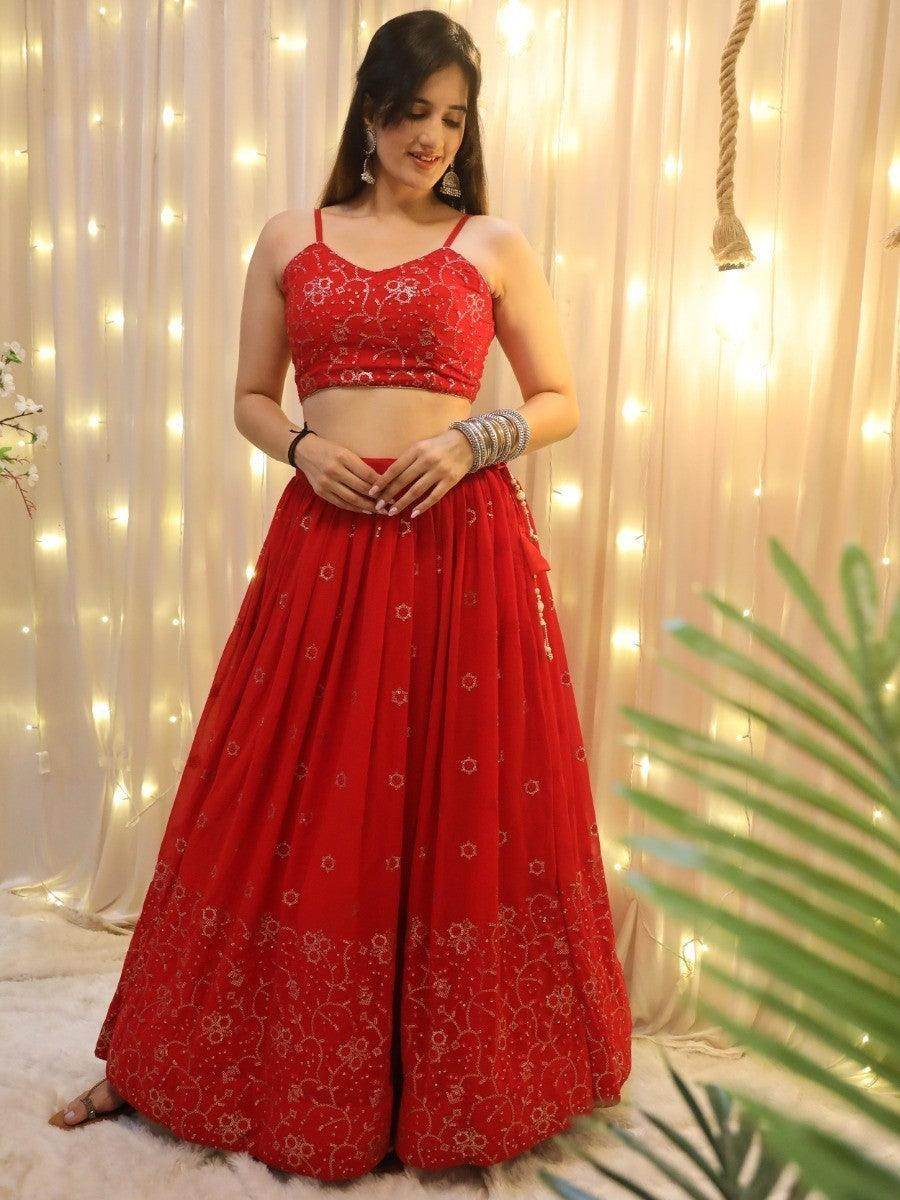Glamorous Red Sequins Georgette Wedding Wear Lehenga Choli - Zeel Clothing