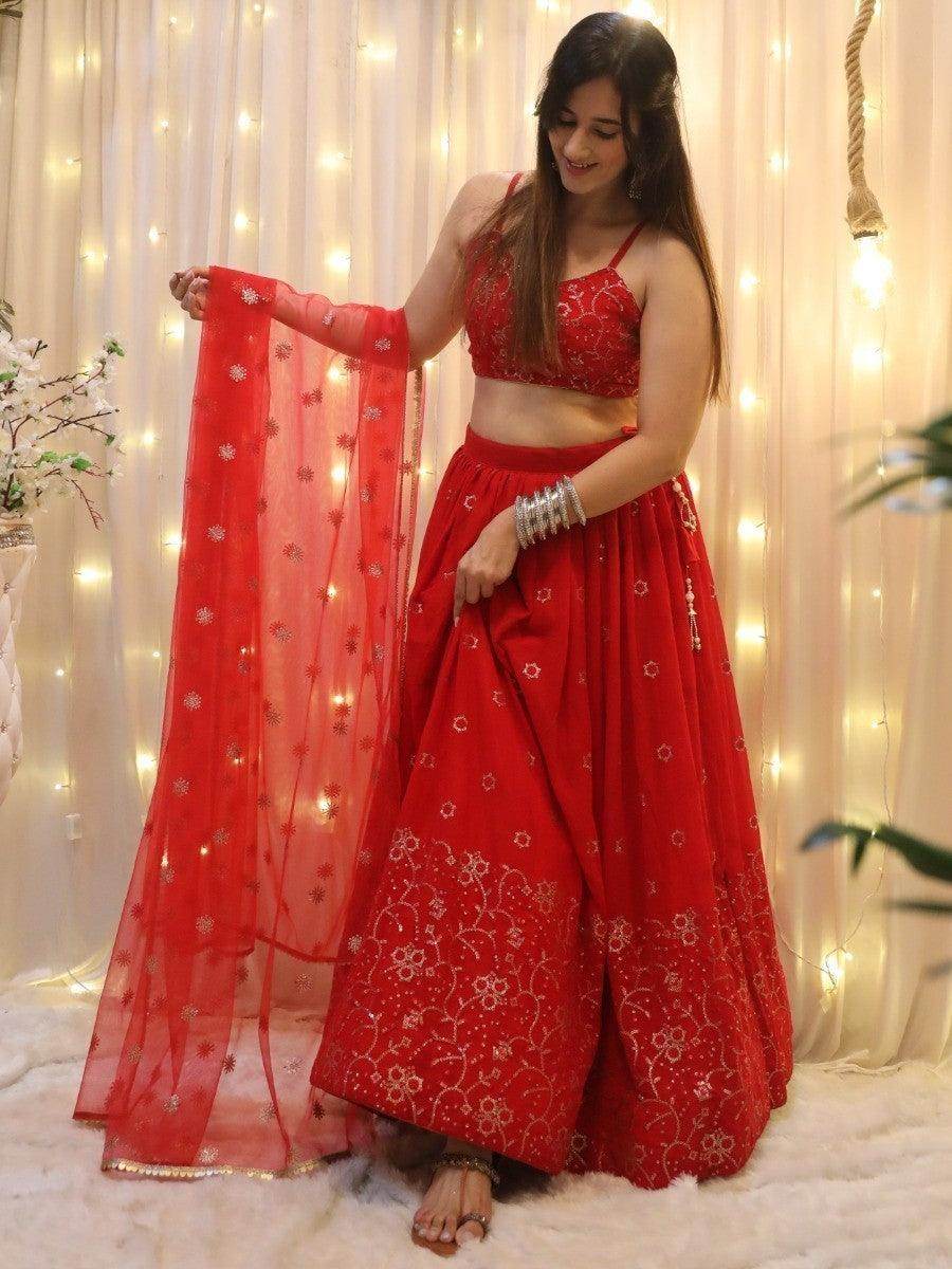 Glamorous Red Sequins Georgette Wedding Wear Lehenga Choli - Zeel Clothing