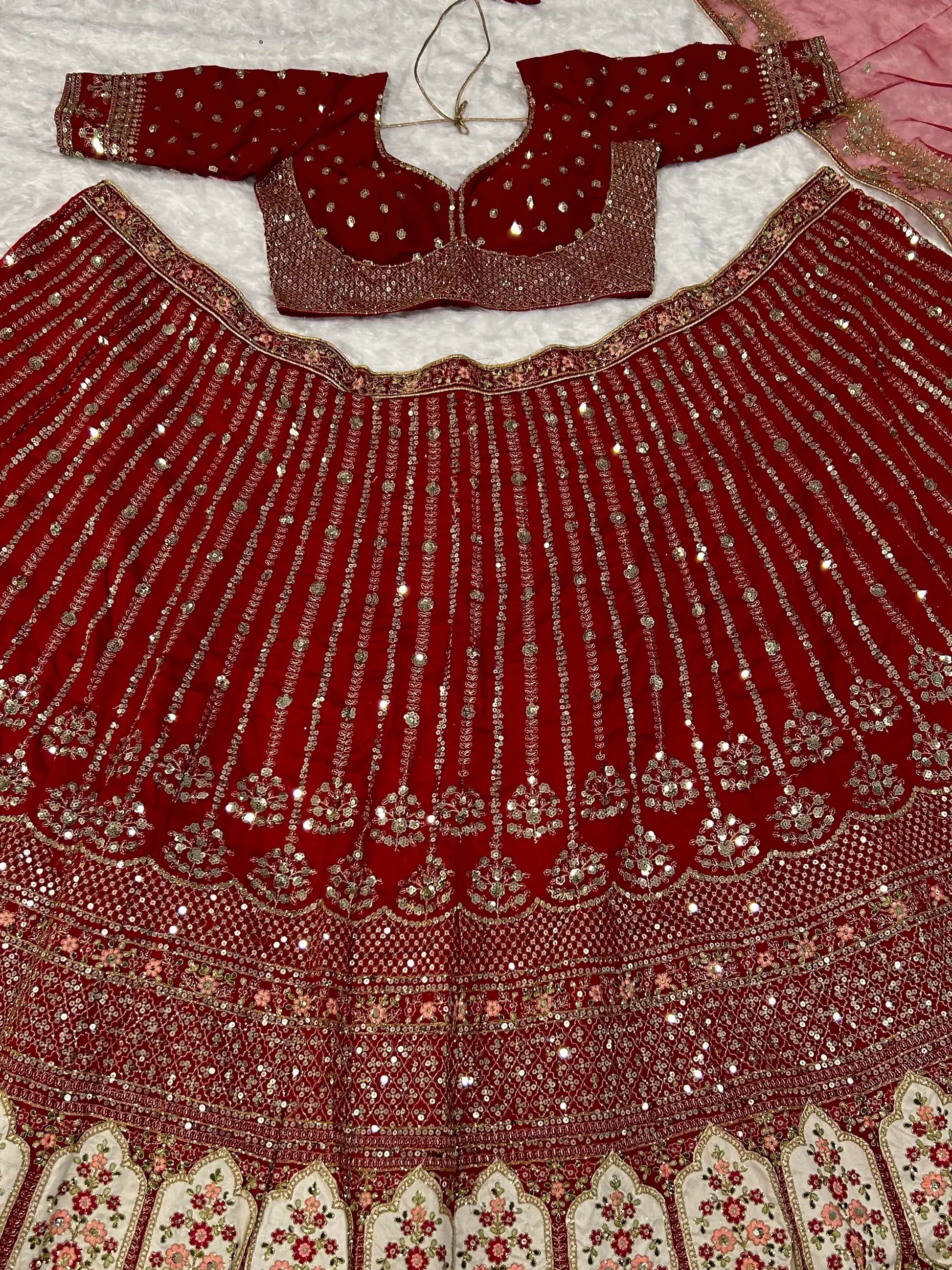 Glamorous Red Sequins Silk Wedding Lehenga Choli With Dupatta - Zeel Clothing