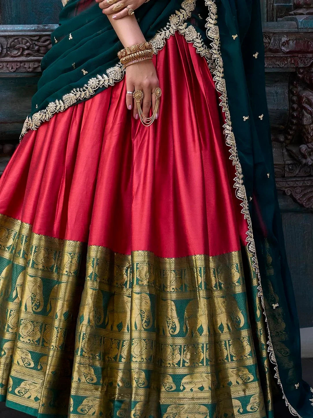 Glamorous Red Zari Weaving Silk Onam Special Half Saree Lehenga - Zeel Clothing