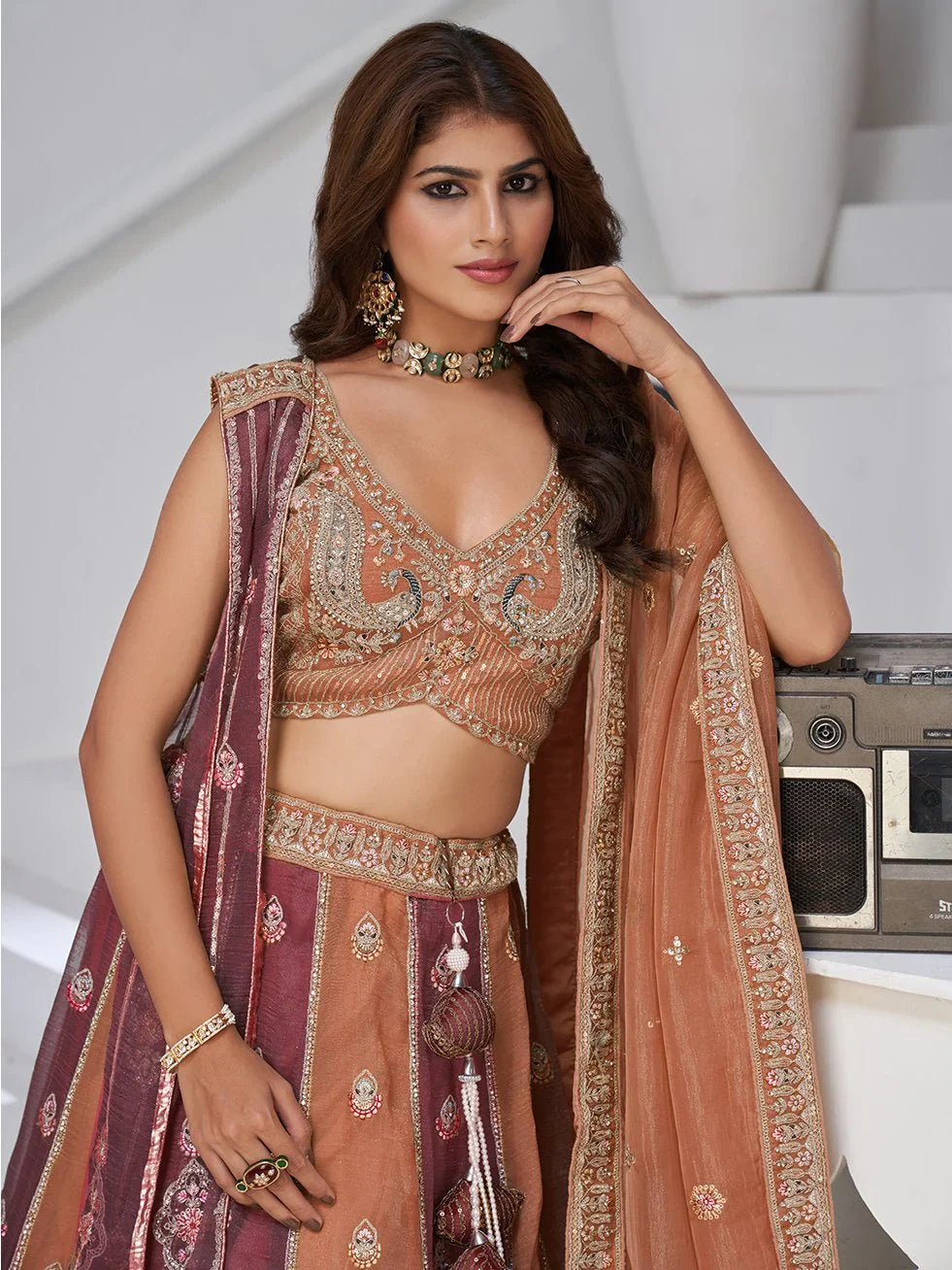 Glamorous Rust Orange Sequins Tissue Traditional Lehenga Choli With Dupatta