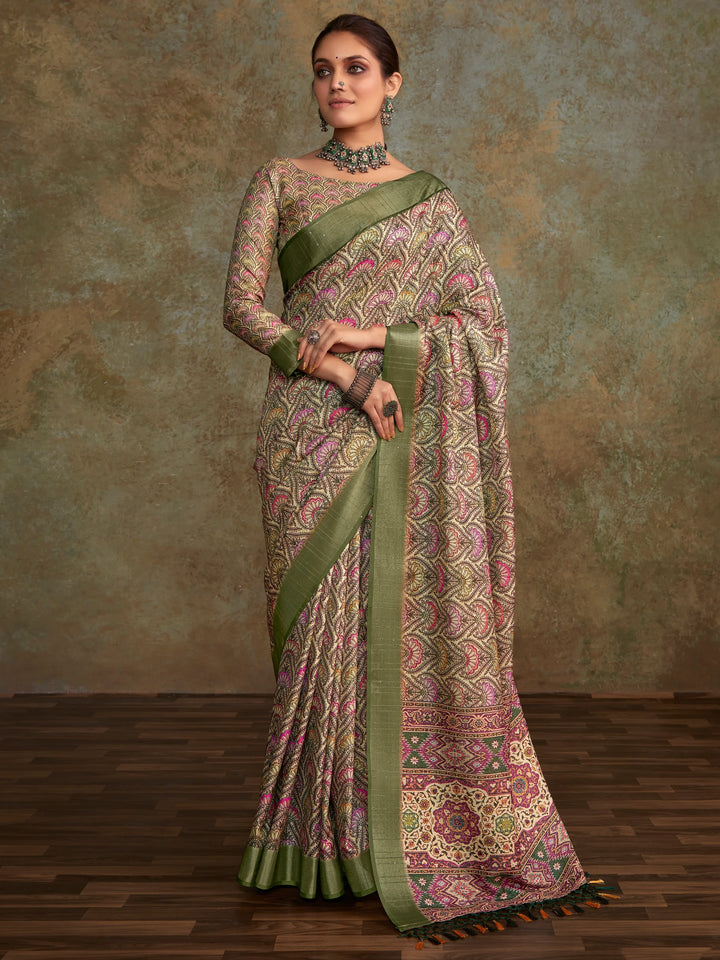 Glamorous Sea Green Digital Printed Silk Casual Wear Saree With Blouse