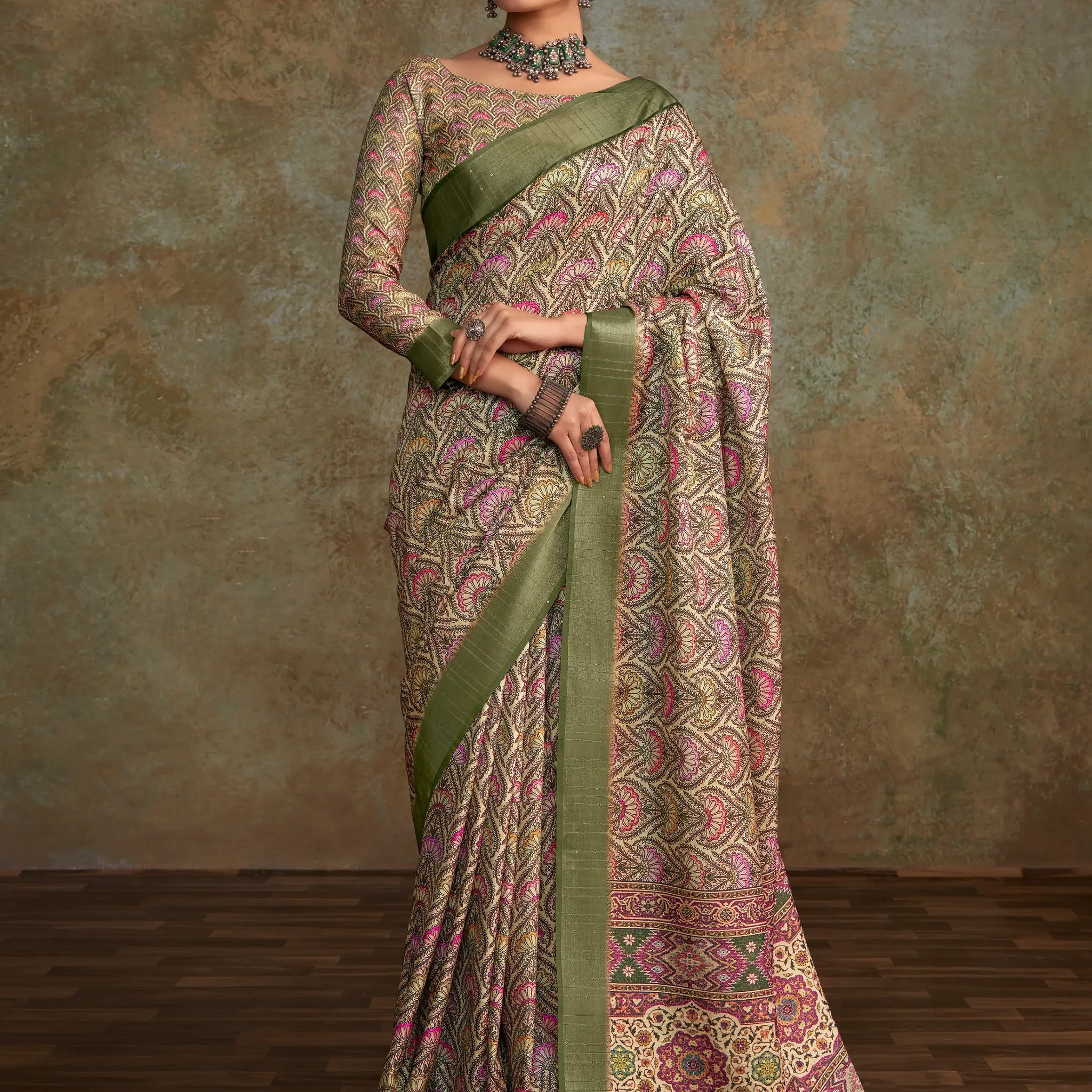Glamorous Sea Green Digital Printed Silk Casual Wear Saree With Blouse - Zeel Clothing