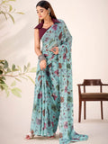 Glamorous Sea Green Floral Printed Brasso Festivals Wear Saree
