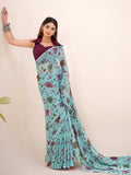 Glamorous Sea Green Floral Printed Brasso Festivals Wear Saree