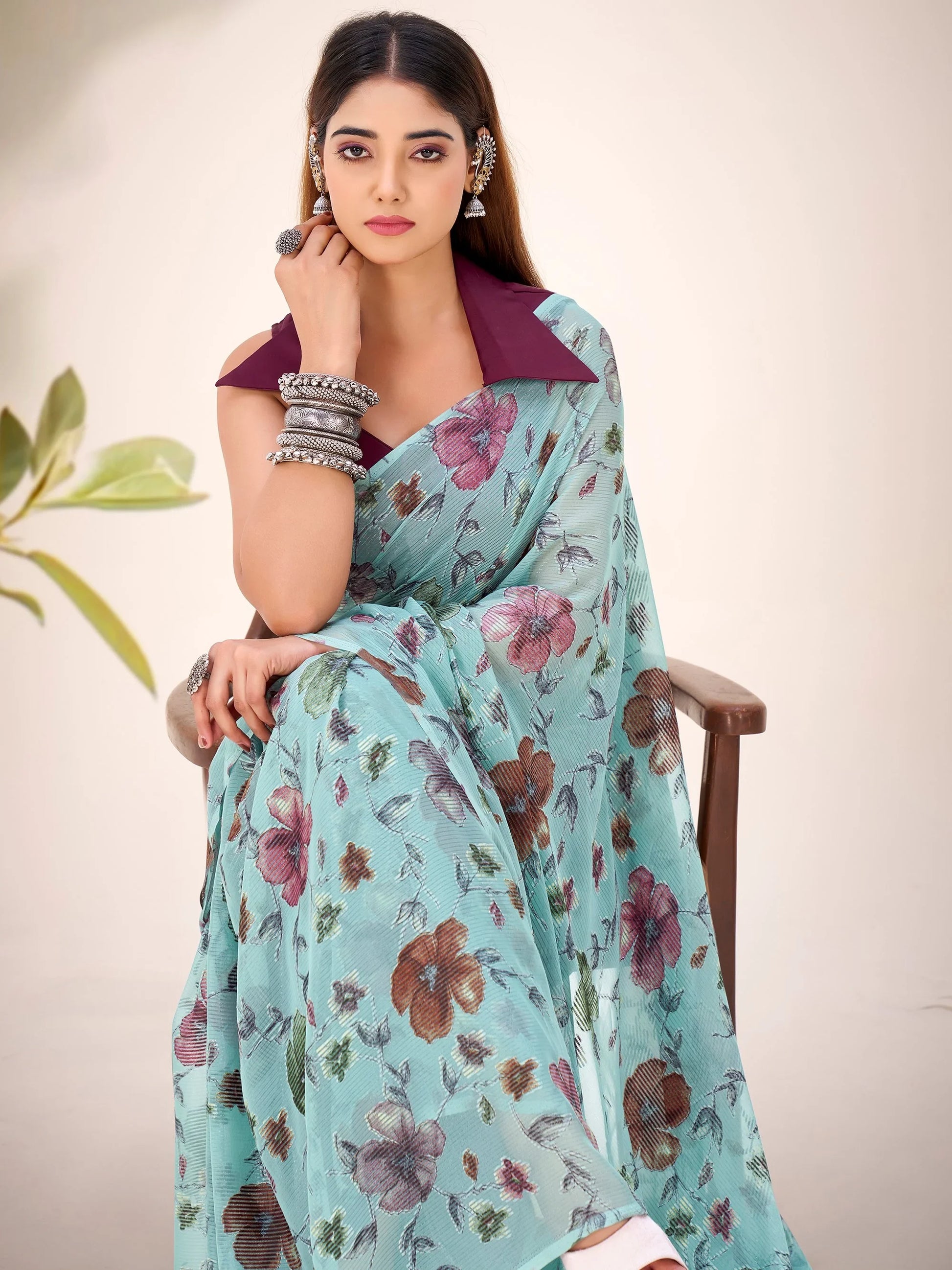 Glamorous Sea Green Floral Printed Brasso Festivals Wear Saree