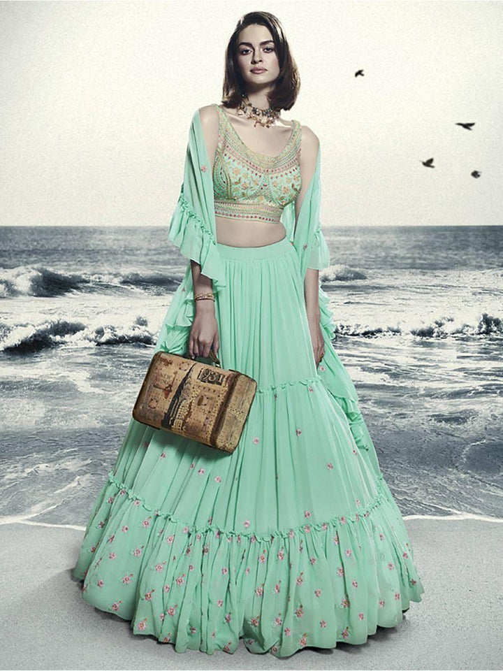 Glamorous Sea Green Hand Work Georgette Party Wear Lehenga Choli