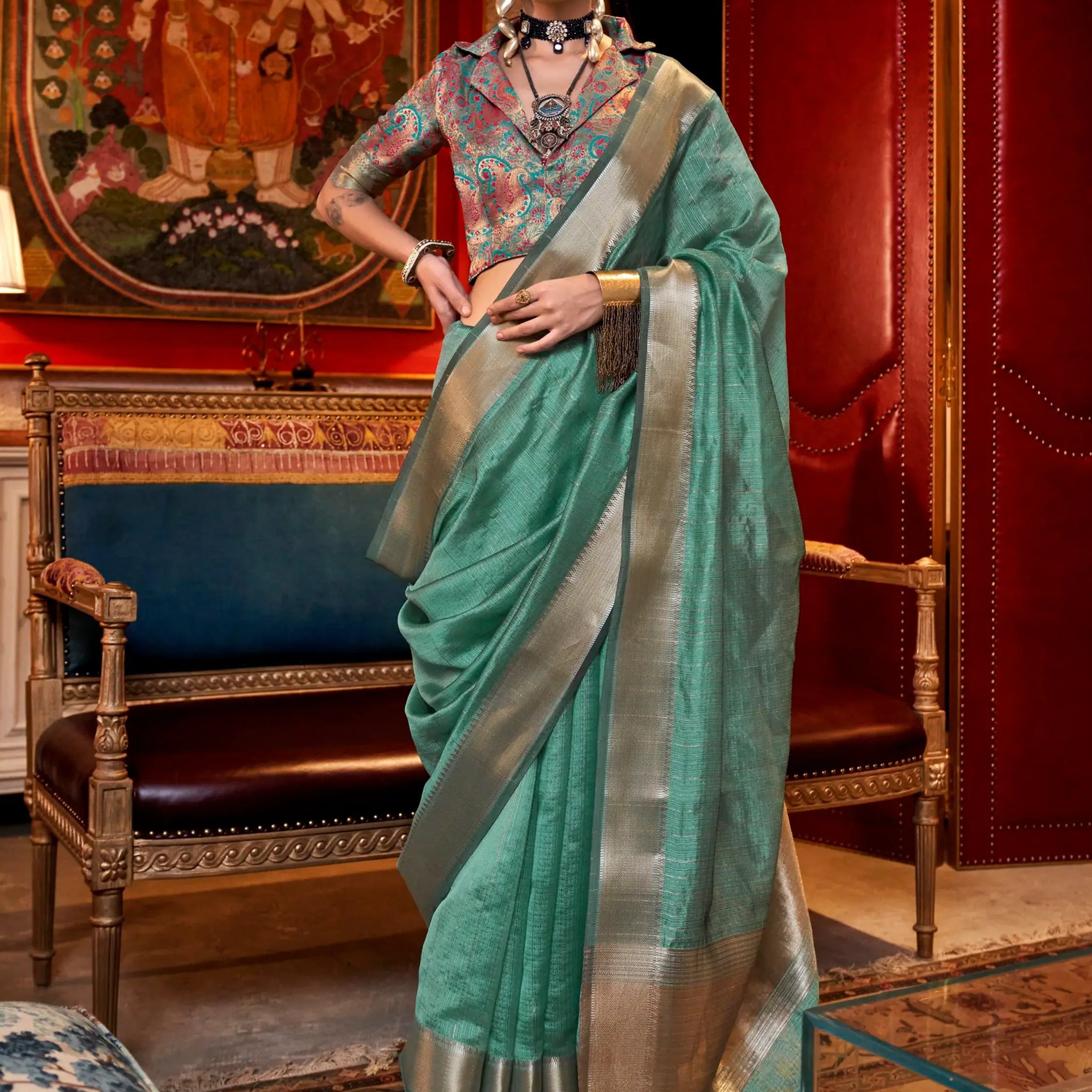 Glamorous Sea Green Zari Weaving Chiffon Festival Wear Saree - Zeel Clothing