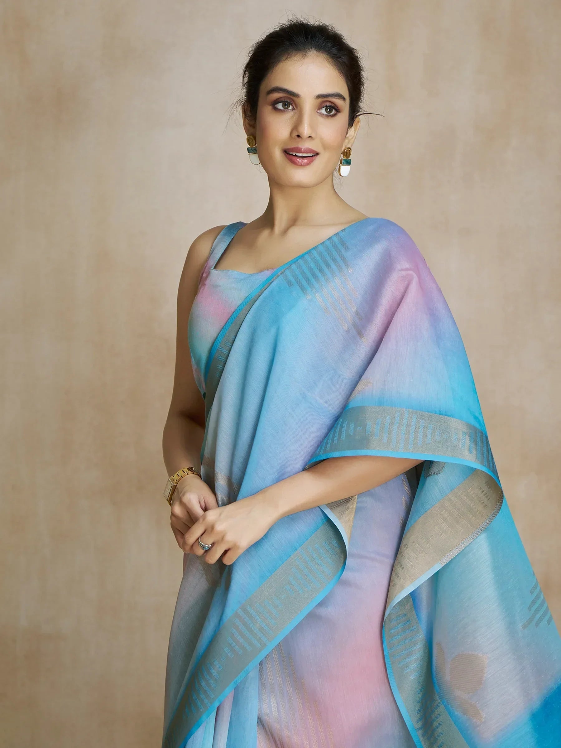 Glamorous Sky Blue Digital Printed Silk Party Wear Saree With Blouse - Zeel Clothing
