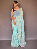 Glamorous Sky Blue Embroidered Chiffon Wedding Wear Saree With Blouse - Zeel Clothing