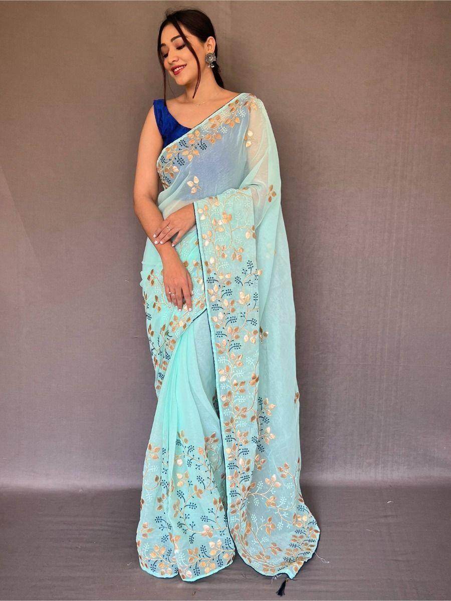 Glamorous Sky Blue Embroidered Chiffon Wedding Wear Saree With Blouse - Zeel Clothing