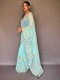 Glamorous Sky Blue Embroidered Chiffon Wedding Wear Saree With Blouse - Zeel Clothing