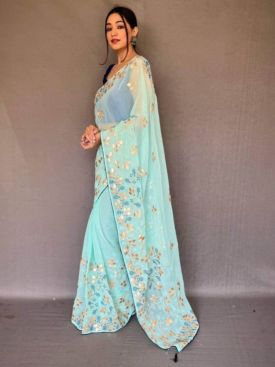 Glamorous Sky Blue Embroidered Chiffon Wedding Wear Saree With Blouse - Zeel Clothing