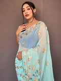Glamorous Sky Blue Embroidered Chiffon Wedding Wear Saree With Blouse - Zeel Clothing