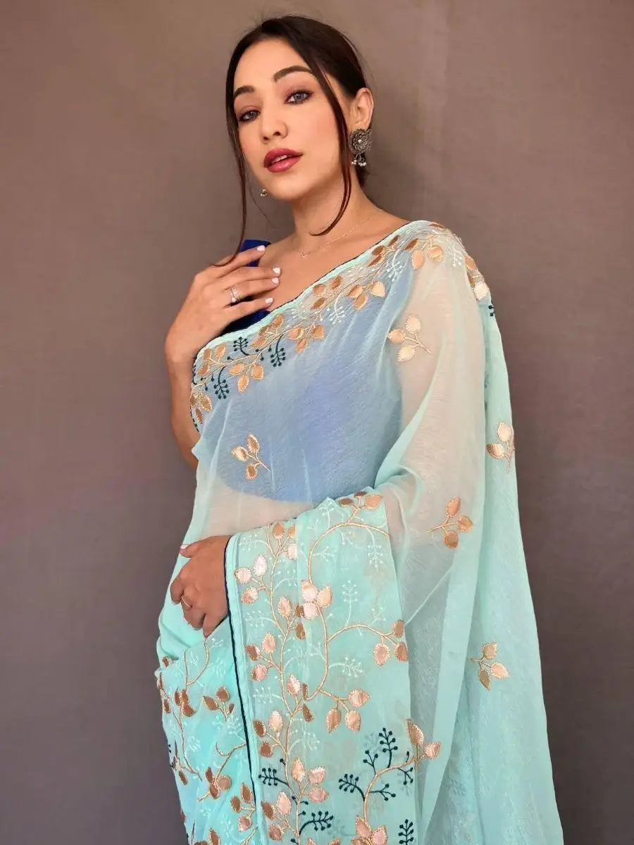 Glamorous Sky Blue Embroidered Chiffon Wedding Wear Saree With Blouse - Zeel Clothing