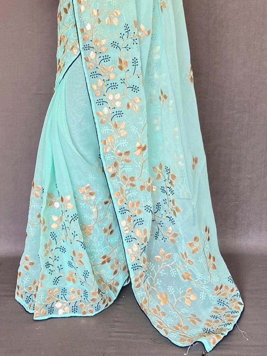Glamorous Sky Blue Embroidered Chiffon Wedding Wear Saree With Blouse - Zeel Clothing