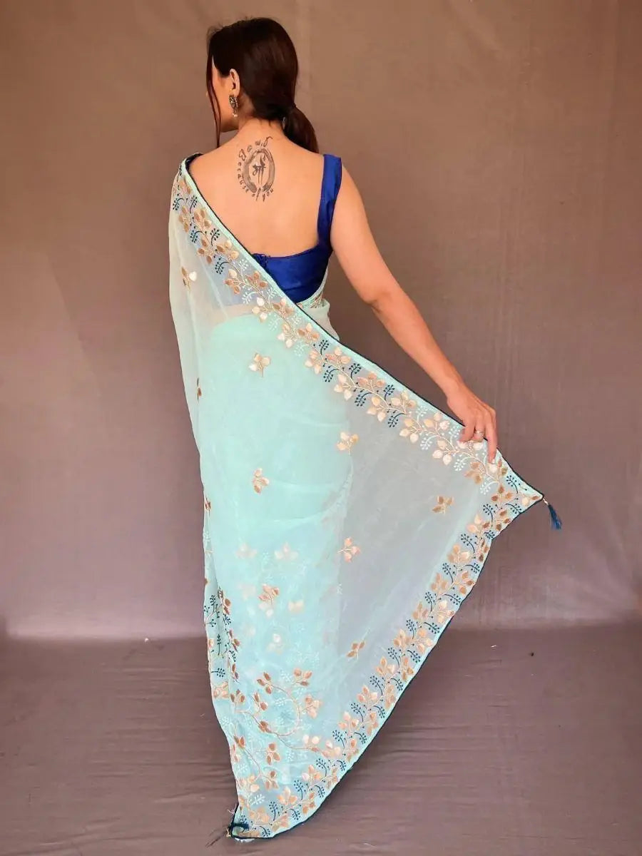 Glamorous Sky Blue Embroidered Chiffon Wedding Wear Saree With Blouse - Zeel Clothing