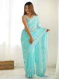 Glamorous Sky-Blue Sequins Georgette Wedding Wear Saree With Blouse - Zeel Clothing