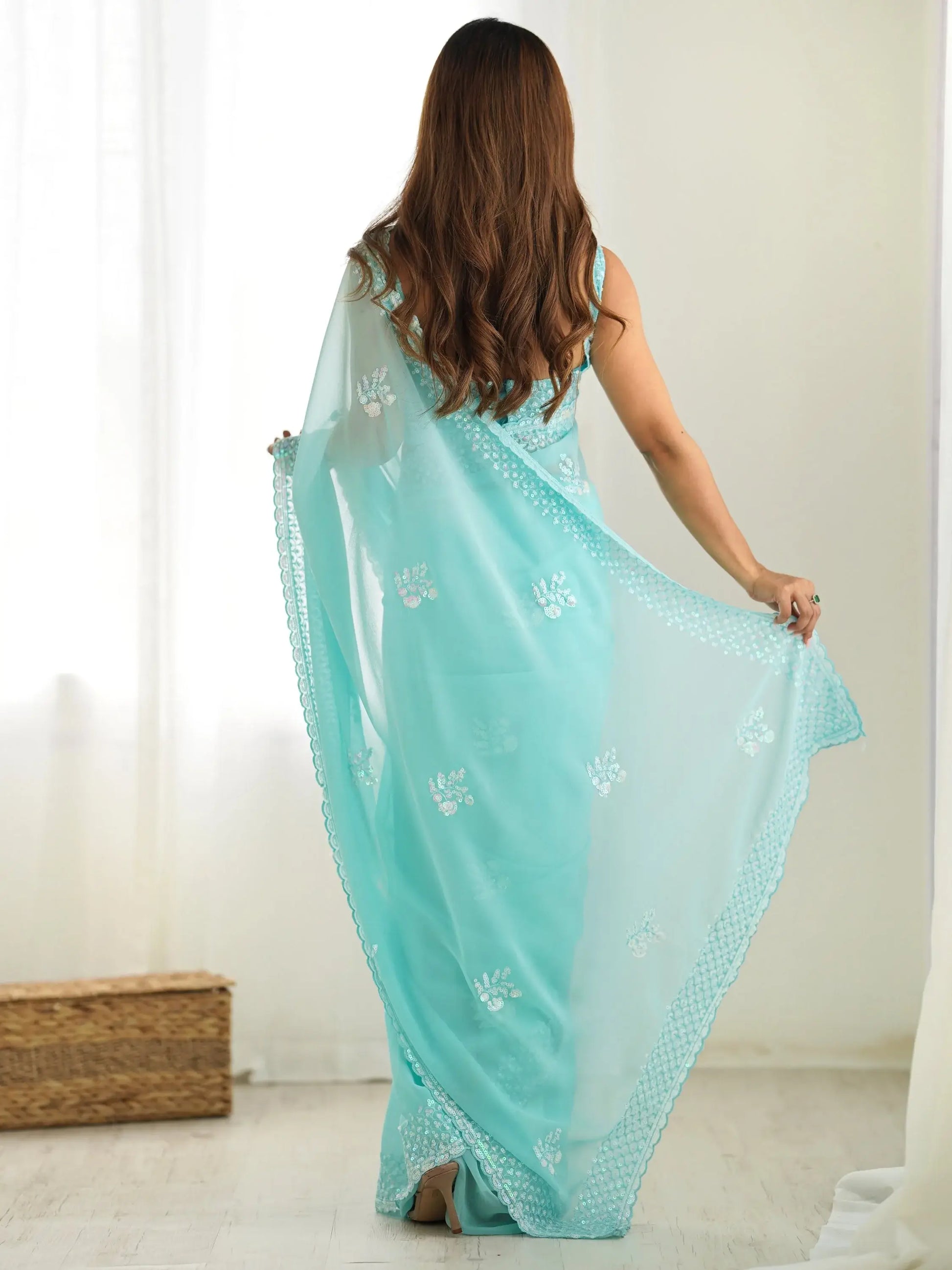Glamorous Sky-Blue Sequins Georgette Wedding Wear Saree With Blouse - Zeel Clothing