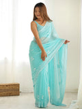 Glamorous Sky-Blue Sequins Georgette Wedding Wear Saree With Blouse - Zeel Clothing
