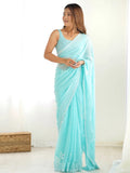 Glamorous Sky-Blue Sequins Georgette Wedding Wear Saree With Blouse - Zeel Clothing