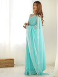 Glamorous Sky-Blue Sequins Georgette Wedding Wear Saree With Blouse - Zeel Clothing