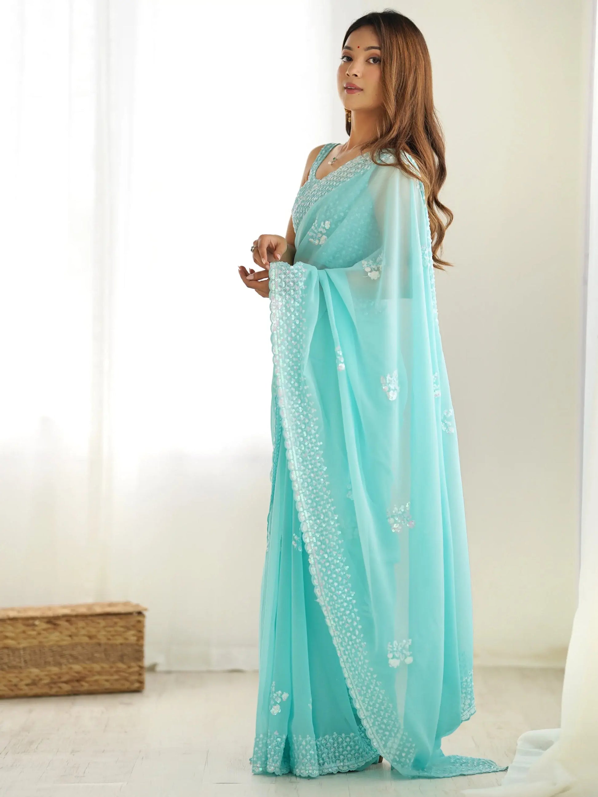 Glamorous Sky-Blue Sequins Georgette Wedding Wear Saree With Blouse - Zeel Clothing