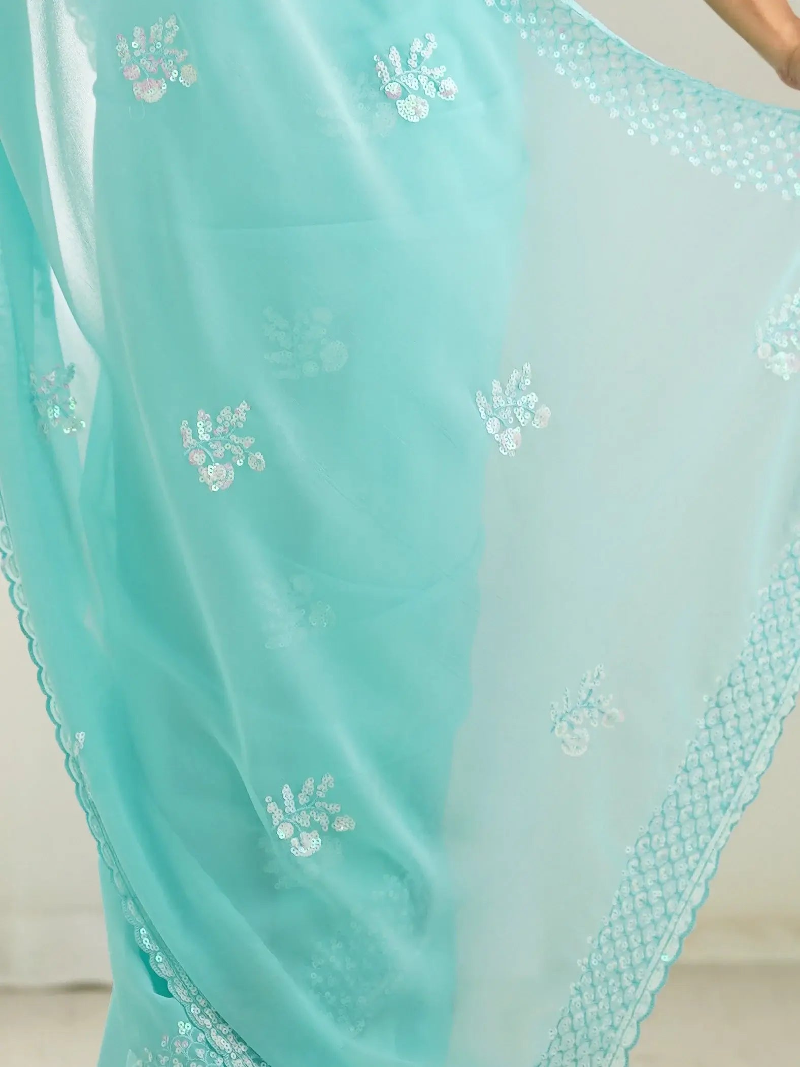 Glamorous Sky-Blue Sequins Georgette Wedding Wear Saree With Blouse - Zeel Clothing