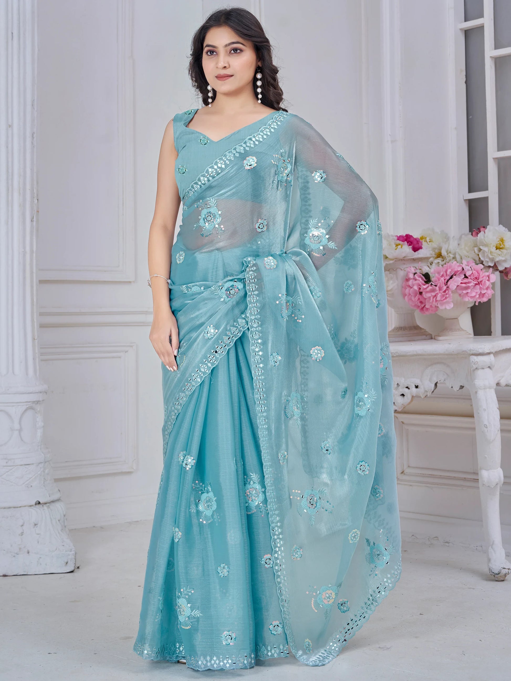 Glamorous Sky Blue Thread Embroidered Organza Silk Designer Saree - Zeel Clothing