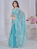 Glamorous Sky Blue Thread Embroidered Organza Silk Designer Saree - Zeel Clothing