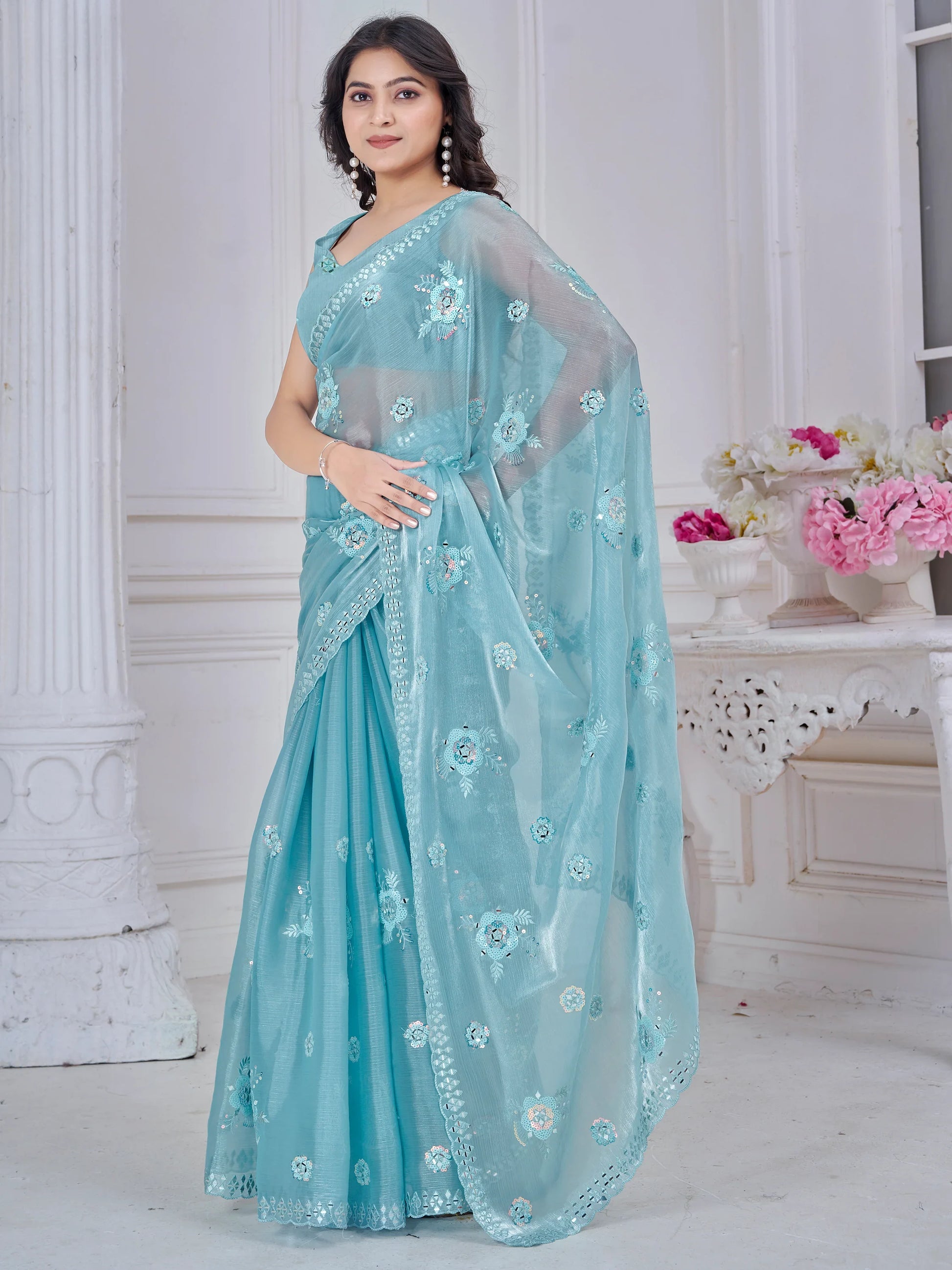 Glamorous Sky Blue Thread Embroidered Organza Silk Designer Saree - Zeel Clothing