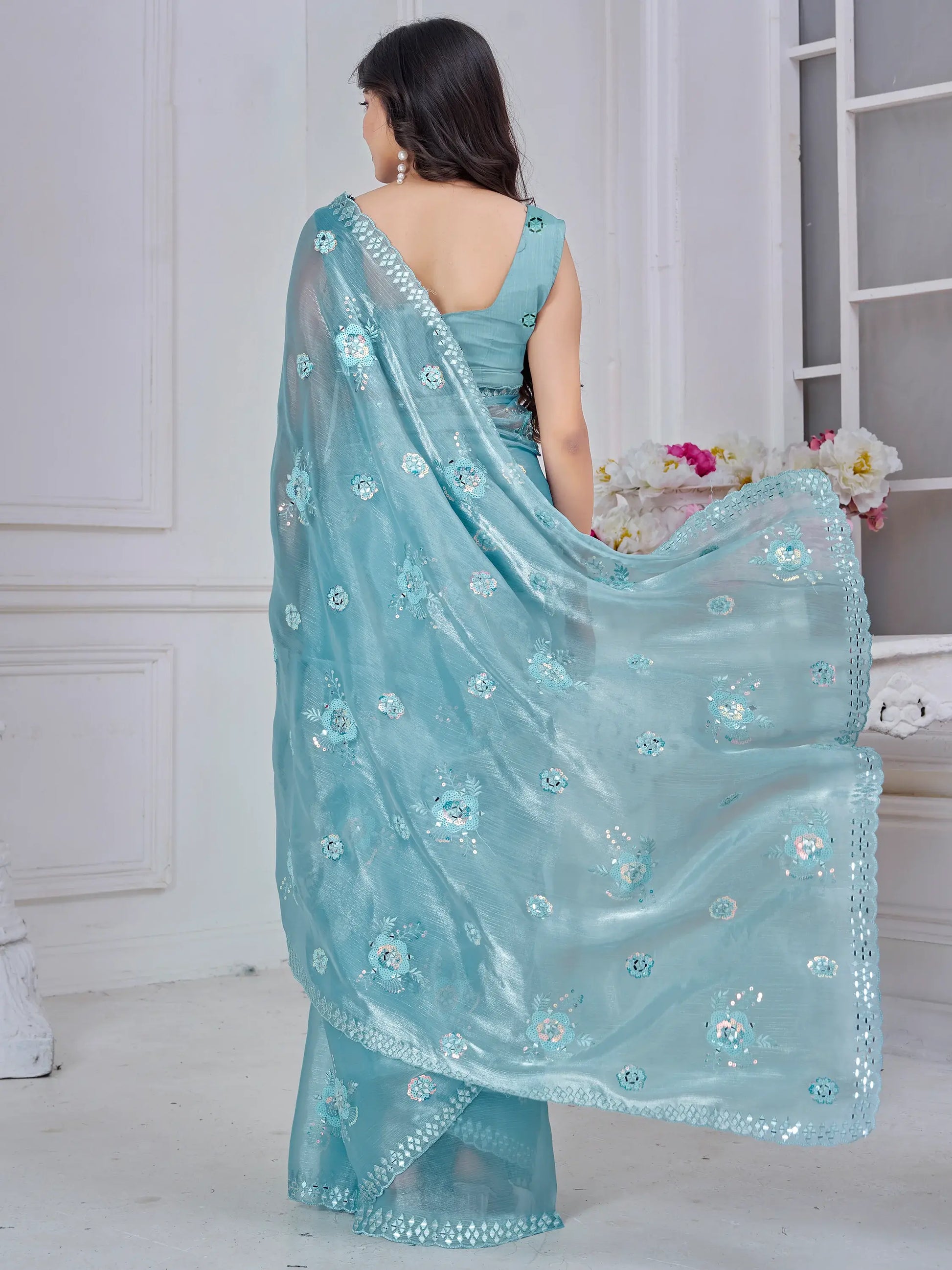 Glamorous Sky Blue Thread Embroidered Organza Silk Designer Saree - Zeel Clothing