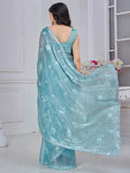 Glamorous Sky Blue Thread Embroidered Organza Silk Designer Saree - Zeel Clothing