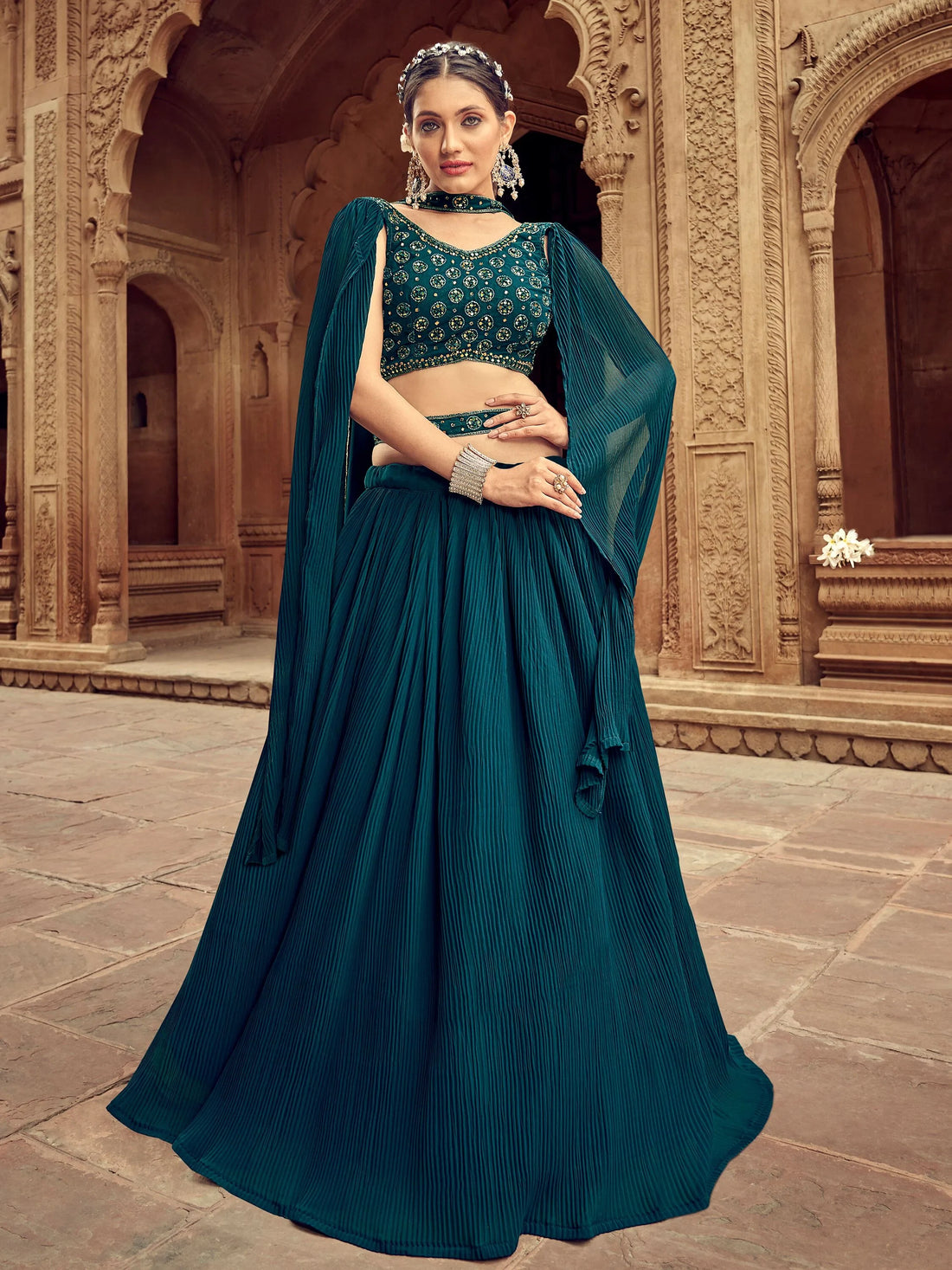 Glamorous Teal Blue Embroidered Georgette Lehenga Choli With Dupatta - Zeel Clothing