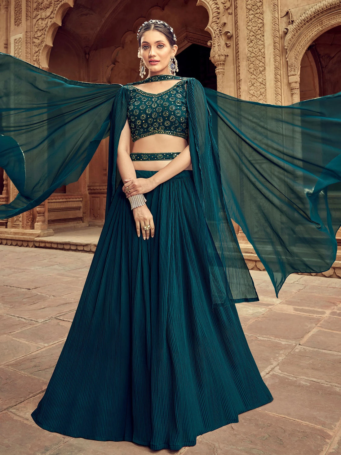 Glamorous Teal Blue Embroidered Georgette Lehenga Choli With Dupatta - Zeel Clothing
