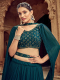 Glamorous Teal Blue Embroidered Georgette Lehenga Choli With Dupatta - Zeel Clothing