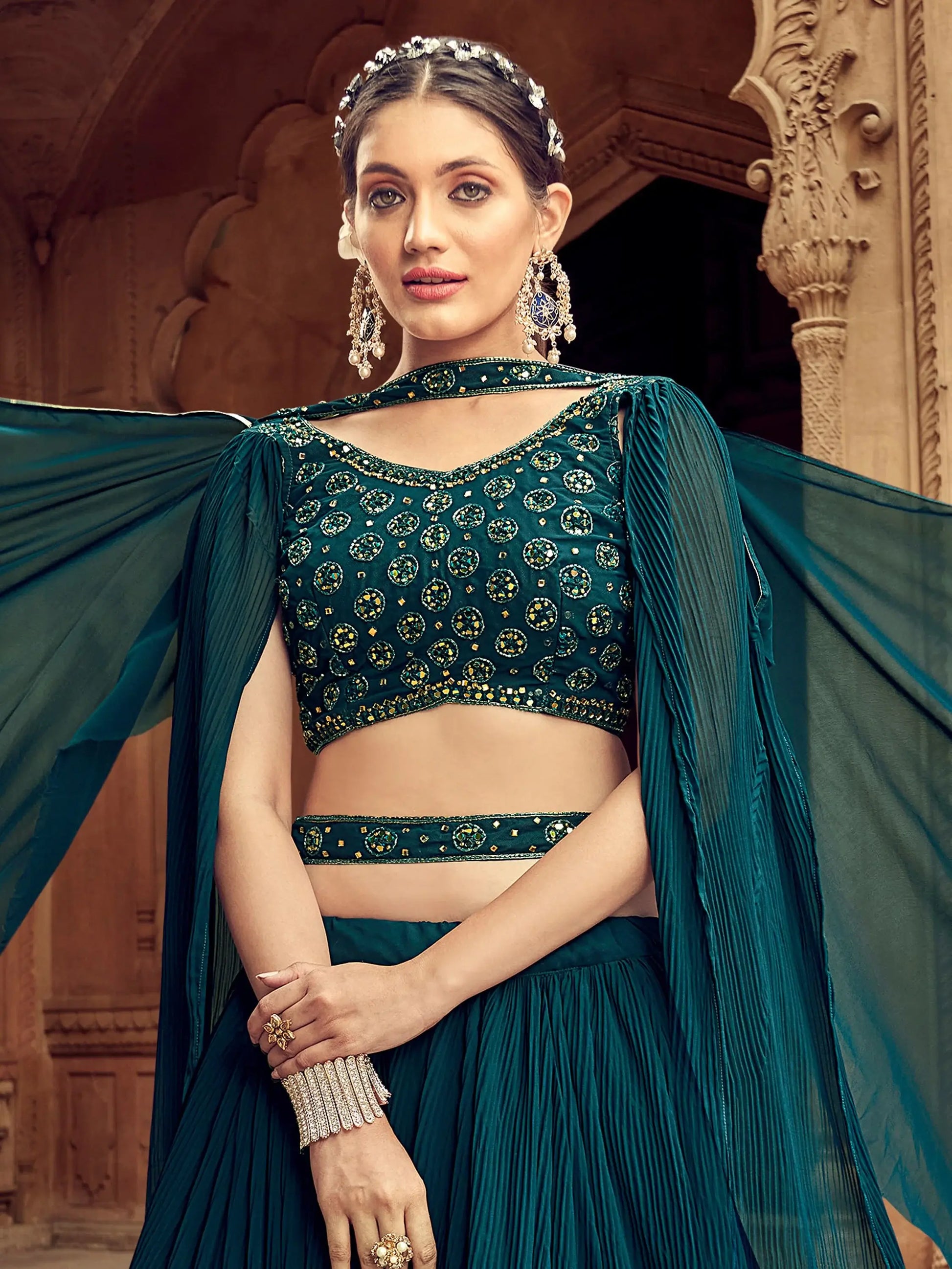 Glamorous Teal Blue Embroidered Georgette Lehenga Choli With Dupatta - Zeel Clothing