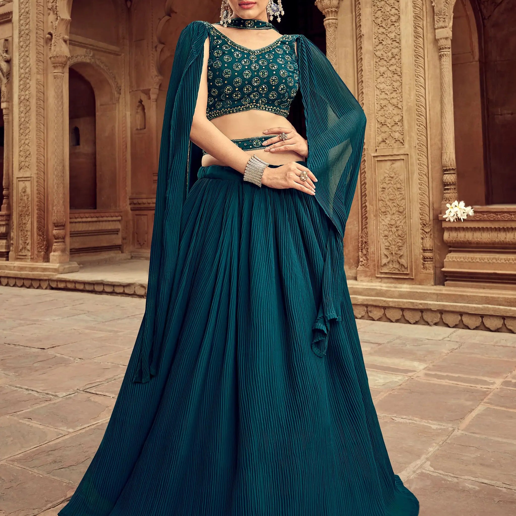 Glamorous Teal Blue Embroidered Georgette Lehenga Choli With Dupatta - Zeel Clothing