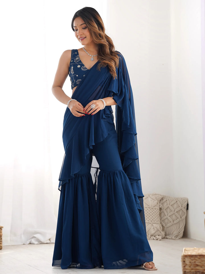 Glamorous Teal Blue Sequins Ready To Wear Georgette Sharara Saree - Zeel Clothing