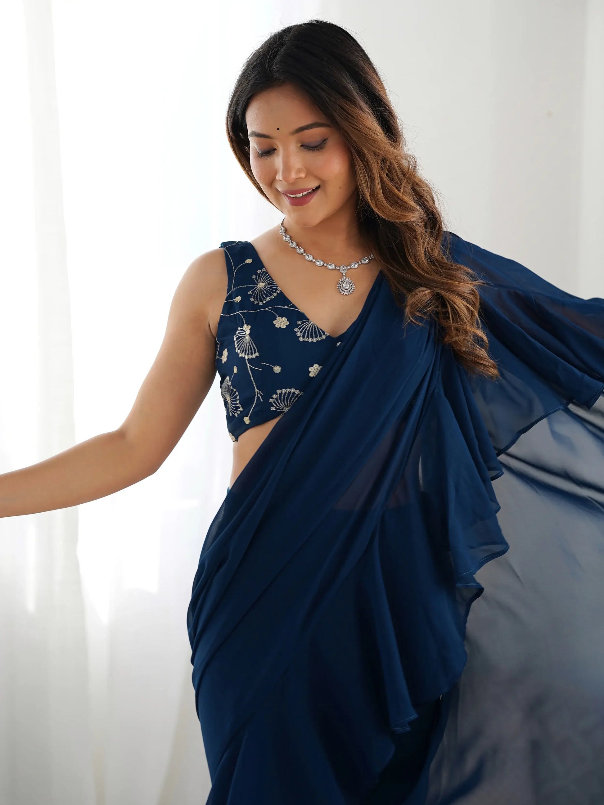 Glamorous Teal Blue Sequins Ready To Wear Georgette Sharara Saree - Zeel Clothing