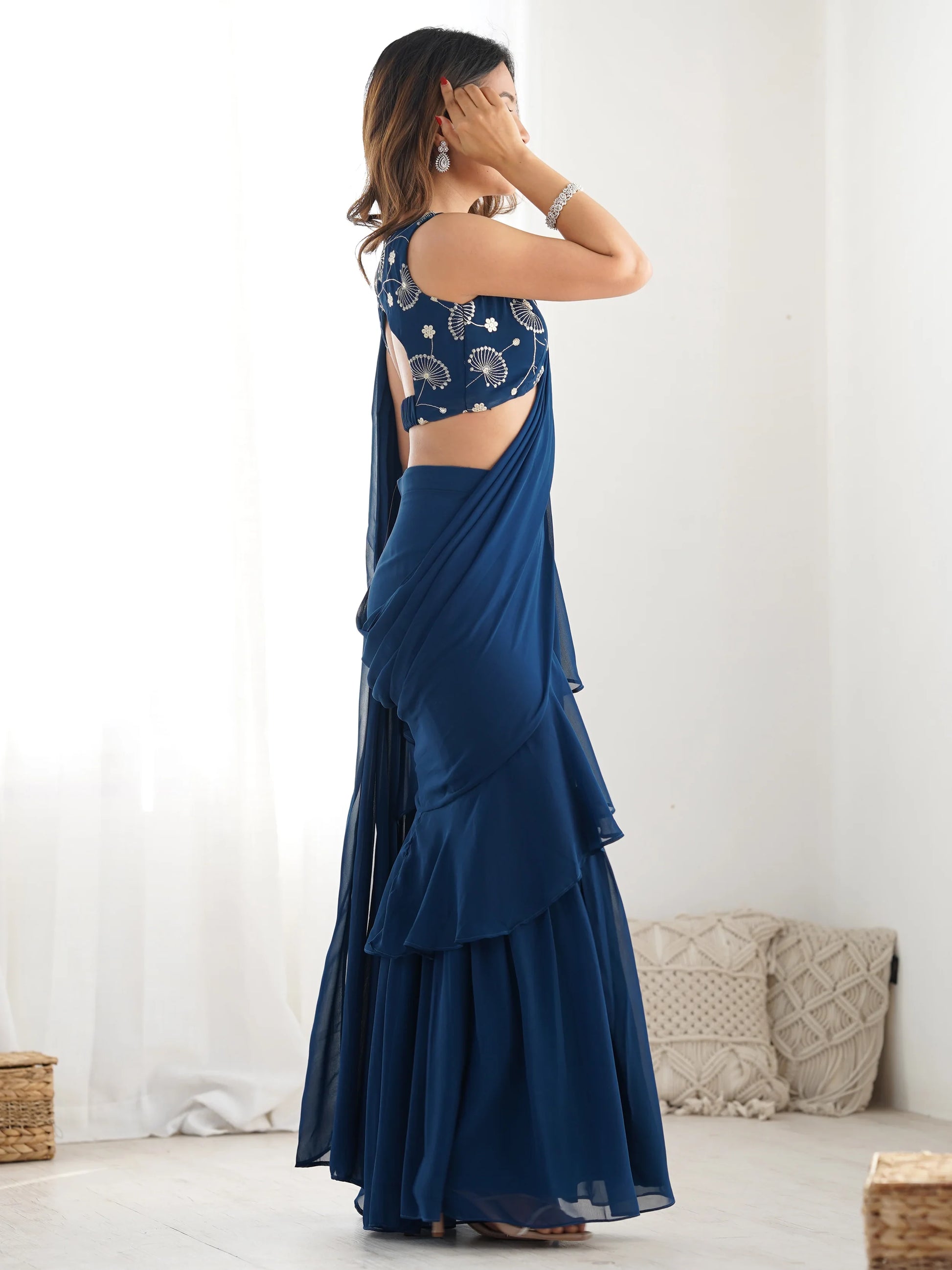 Glamorous Teal Blue Sequins Ready To Wear Georgette Sharara Saree - Zeel Clothing