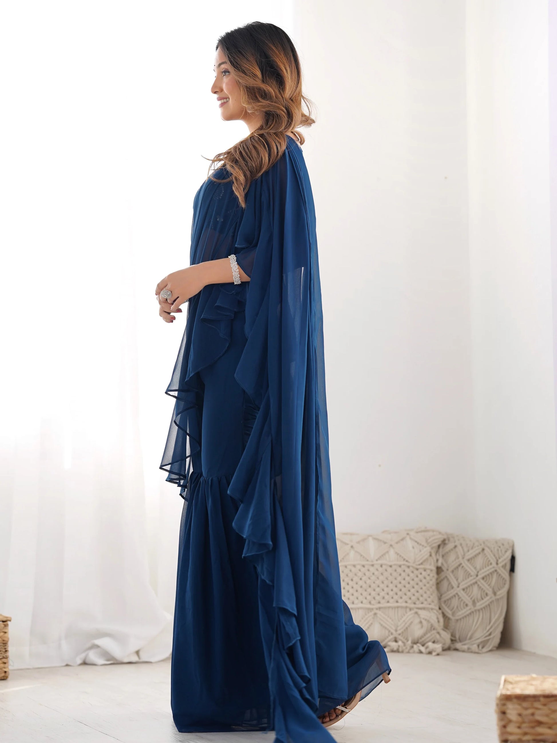 Glamorous Teal Blue Sequins Ready To Wear Georgette Sharara Saree - Zeel Clothing