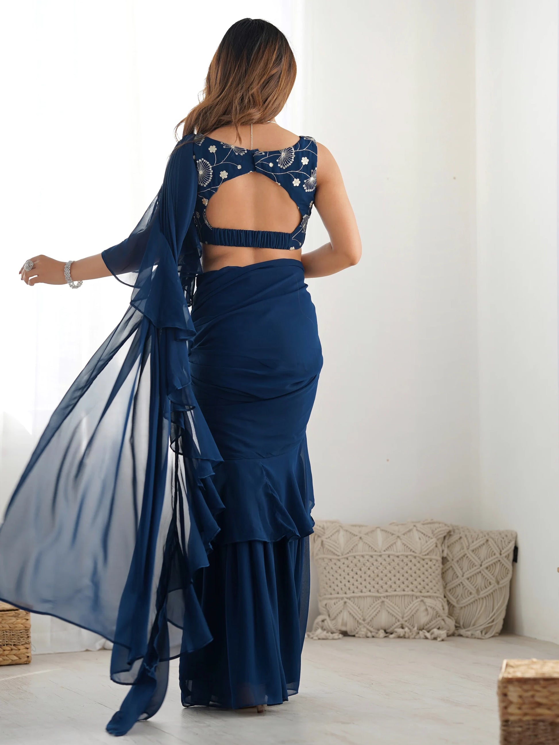 Glamorous Teal Blue Sequins Ready To Wear Georgette Sharara Saree - Zeel Clothing