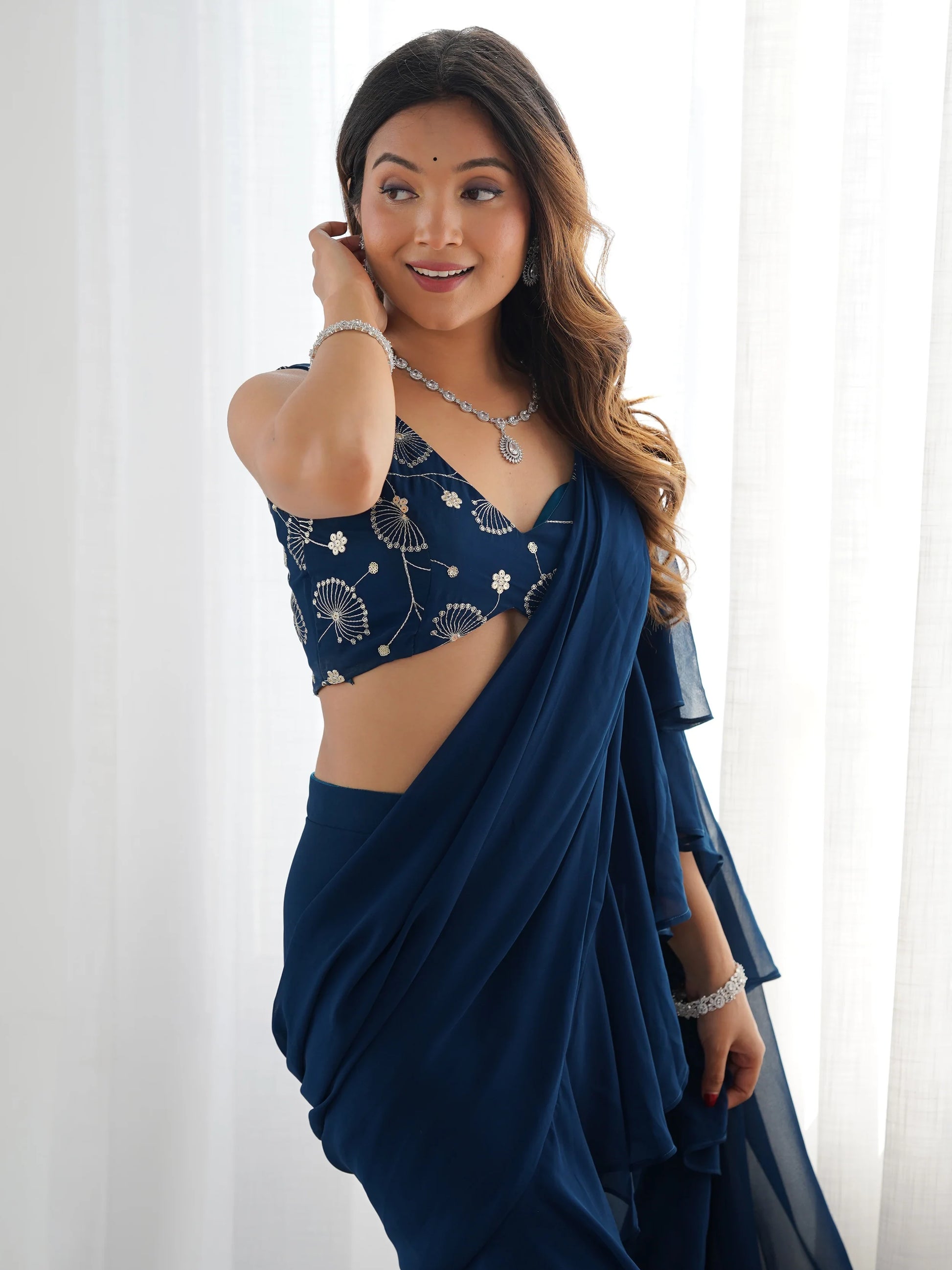 Glamorous Teal Blue Sequins Ready To Wear Georgette Sharara Saree - Zeel Clothing