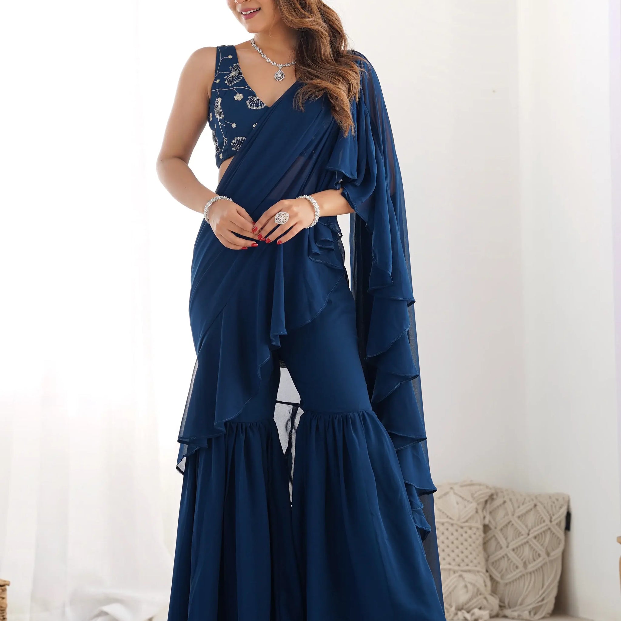 Glamorous Teal Blue Sequins Ready To Wear Georgette Sharara Saree - Zeel Clothing